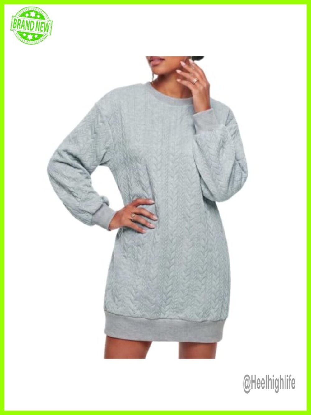 Women Cable Knit Sweater Dress Lantern Sleeve Crewneck Loose Mini